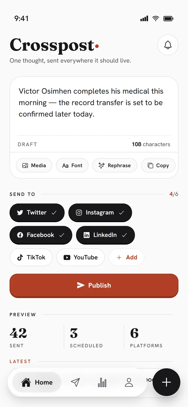The Cross-Post compose screen with Twitter, Instagram, Facebook and LinkedIn selected